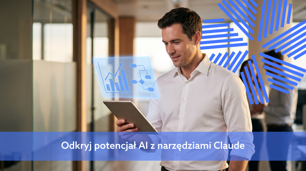 Mężczyzna w przestrzeni biurowej analizuje na tablecie holograficzne schematy procesów i wykresy finansowe. Grafika promująca zaawansowane szkolenie z agentów AI i narzędzi Claude w finansach, z napisem: Odkryj potencjał AI z narzędziami Claude.